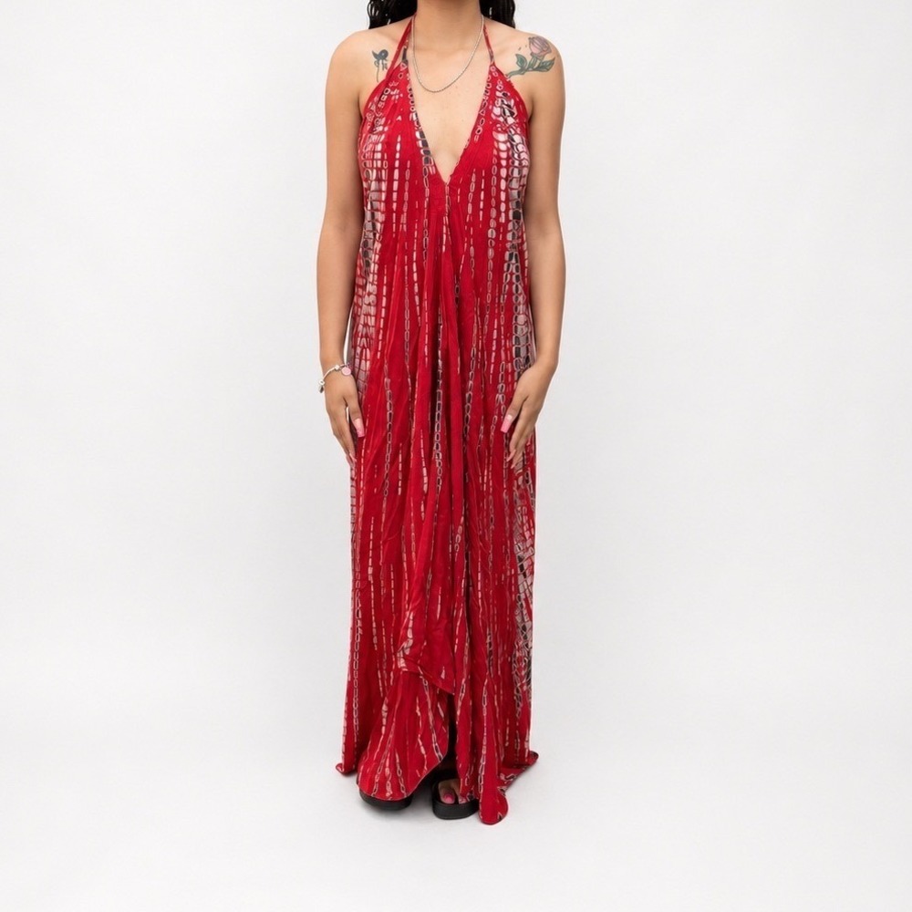 Thaluta Red Tie Dye Halter Maxi Dress Deep V-Neck Open Back Boho Vacation OS